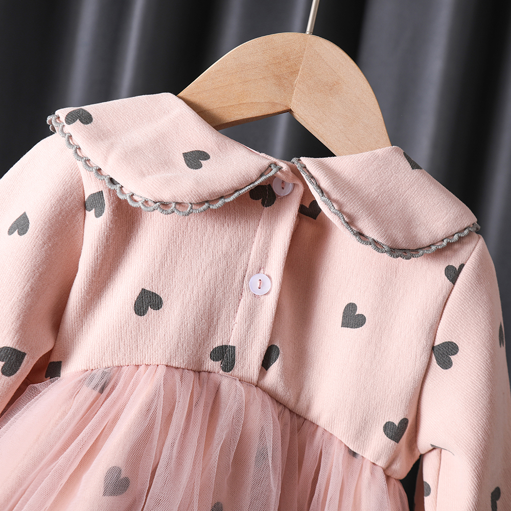 Baby Long Sleeve Dress Baby Girl Heart Graphic Mesh Overlay Design